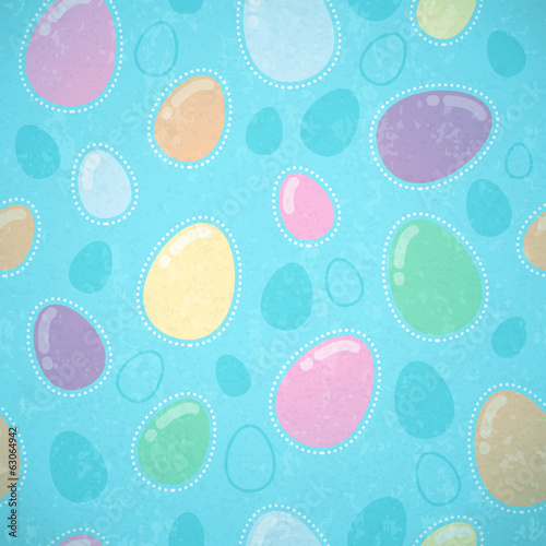 Seamless vintage Easter pattern with eggs on blue-green back.