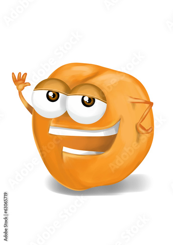 Happy apricot cartoon character, smiling and waving hand