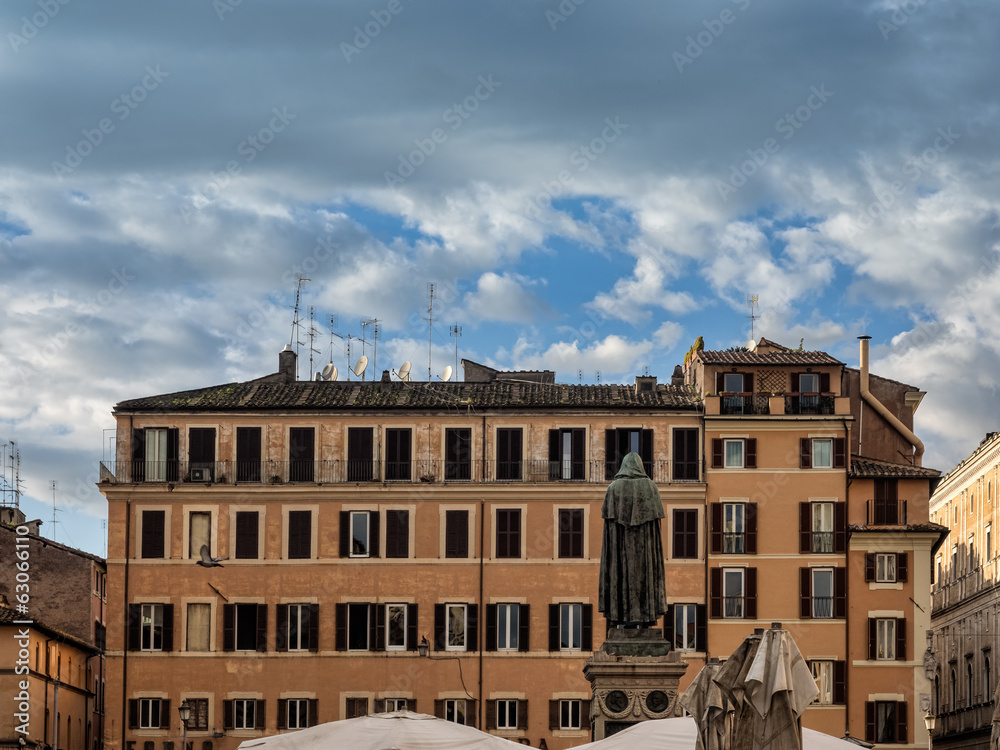 Giordano Bruno statue at Campo Dei Fiori square in Rome, Italy