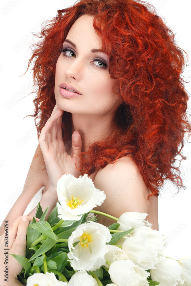 beautiful young redheaded girl with white tulips beautiful young redheaded girl with white tulips