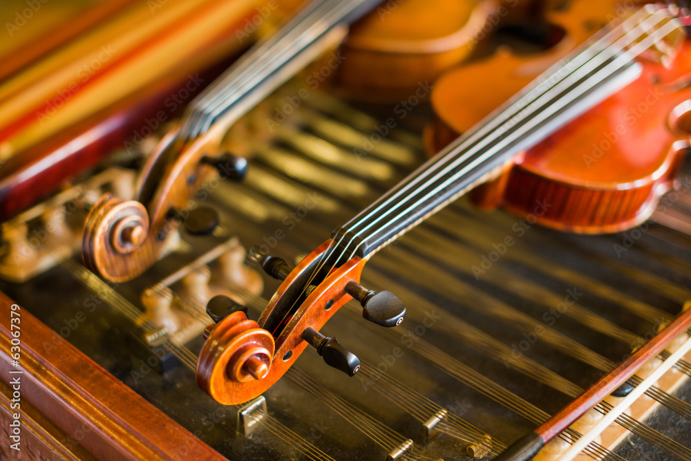 Fototapeta premium Violin detail with another one and cimbalom behind
