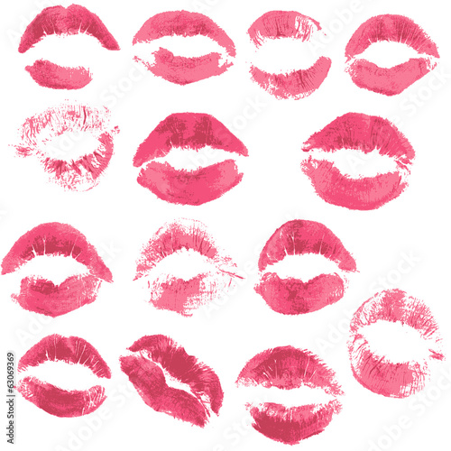 Set of beautiful red lips print on isolated white background