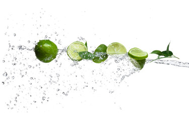 Pieces of limes in water splash