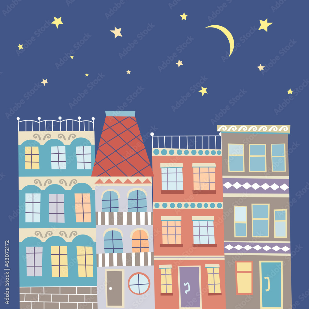 Cute vector hand drawn town in moonlight and starlight night