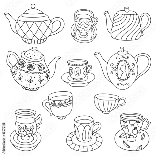 Cute cartoon vector vintage set of cups and teapots