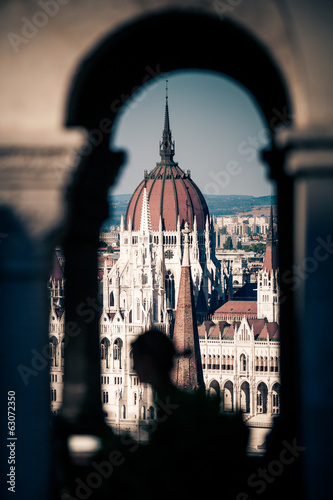 View of Hungarian Parliament Building with customers at Buda Cas