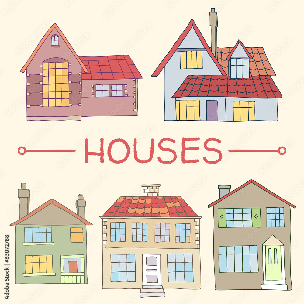 Cute hand drawn houses homes in vector