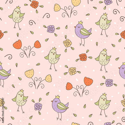 Cute vector seamless pattern with birds and flowers