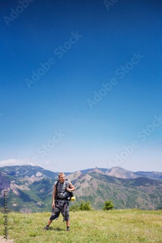tourist on the background of the Crimean Mountains