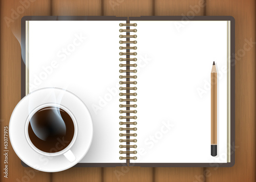 Blank notebook with coffee cup on table- Vector