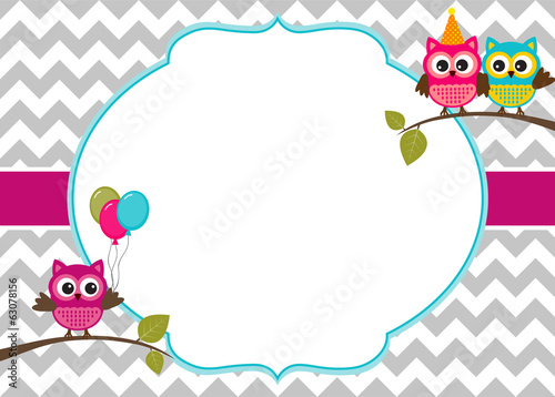 Owl party invitation card template with white frame