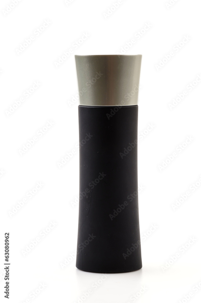 Black bottle perfume isolated white background Black bottle perfume isolated white background
