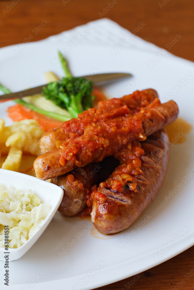 sausage platter with fried potato and vegetable sausage platter with fried potato and vegetable