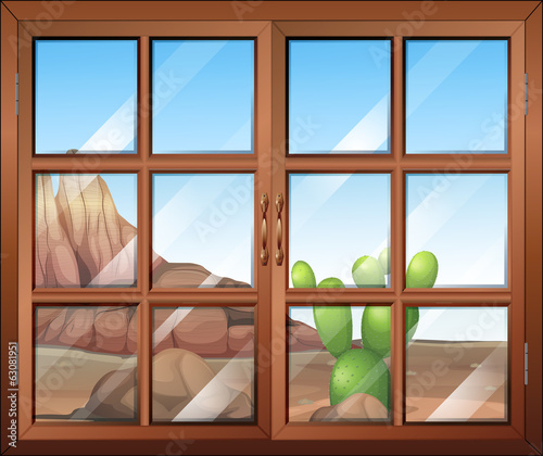A window with a view of the cactus outside