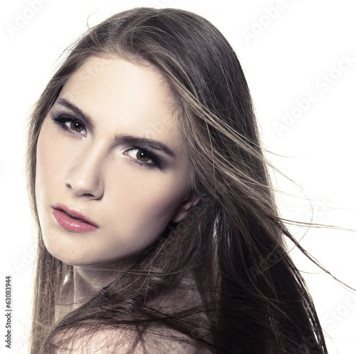 pretty young smiling woman with straight long hair