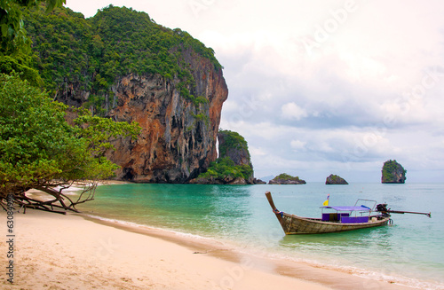 Tropical beach, traditional long tail boats, Andaman Sea, Thaila
