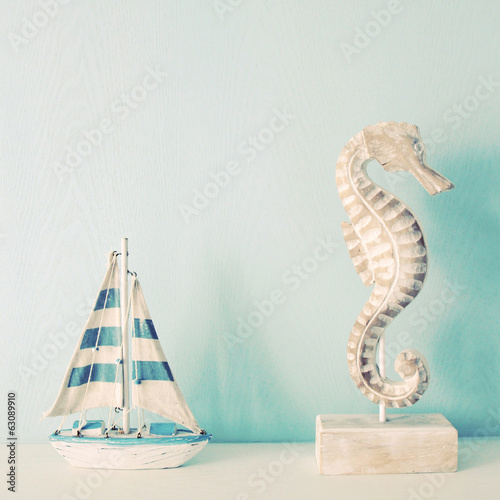 Seahorse and ship for decorated in room with retro filter effect