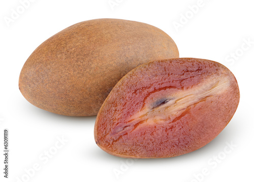 Sapodilla plum with cut isolated on white with clipping path photo