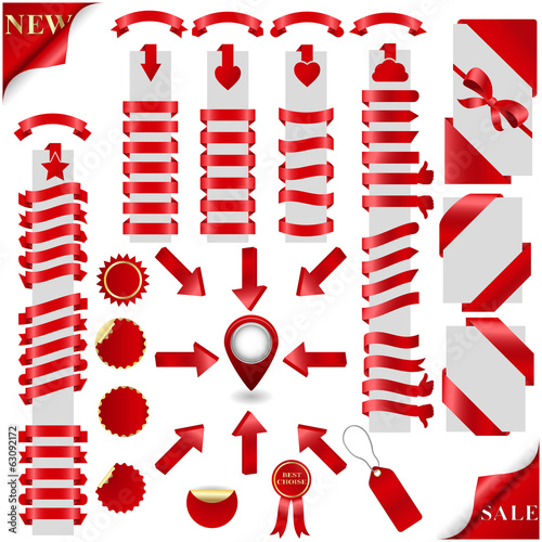 Red Ribbons Set and marker with 3d arrow, Isolated. Vector