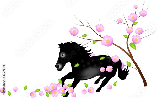 Black horse with falling blooms of tree