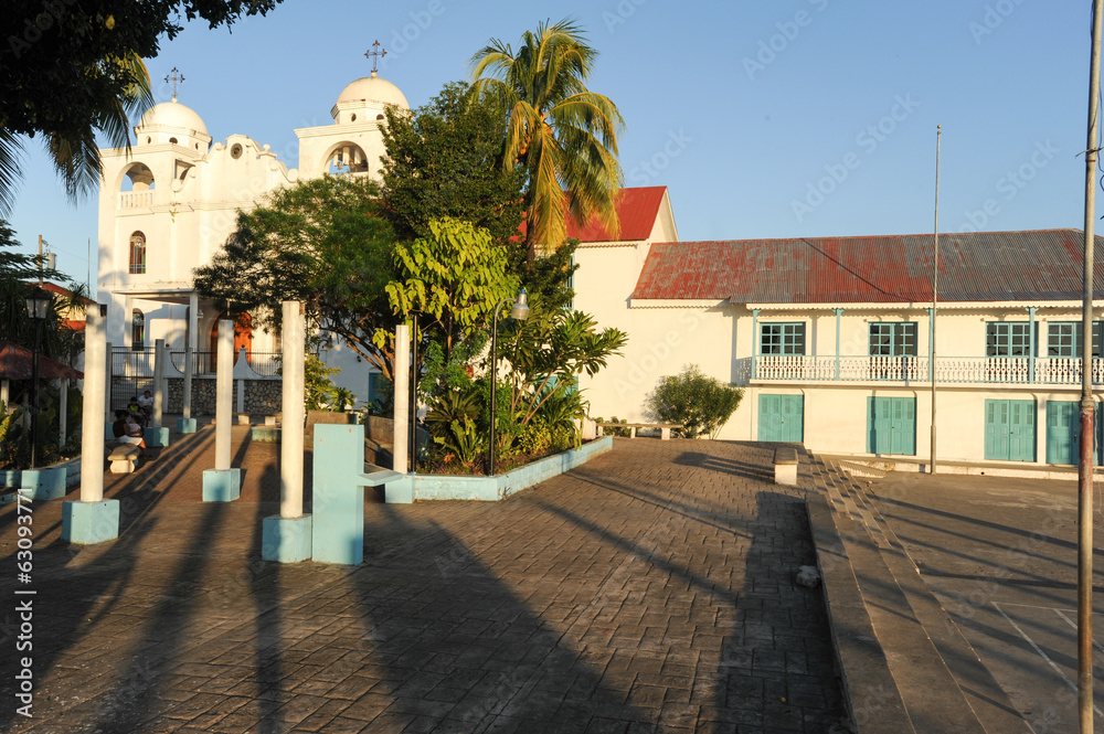 The colonial square and church at Flores