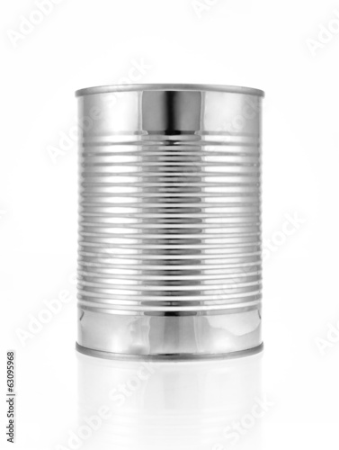 Metal can for preserved food on white background.