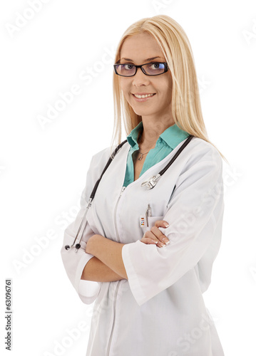 Blond beautiful woman doctor in glasses looking at camera, smili