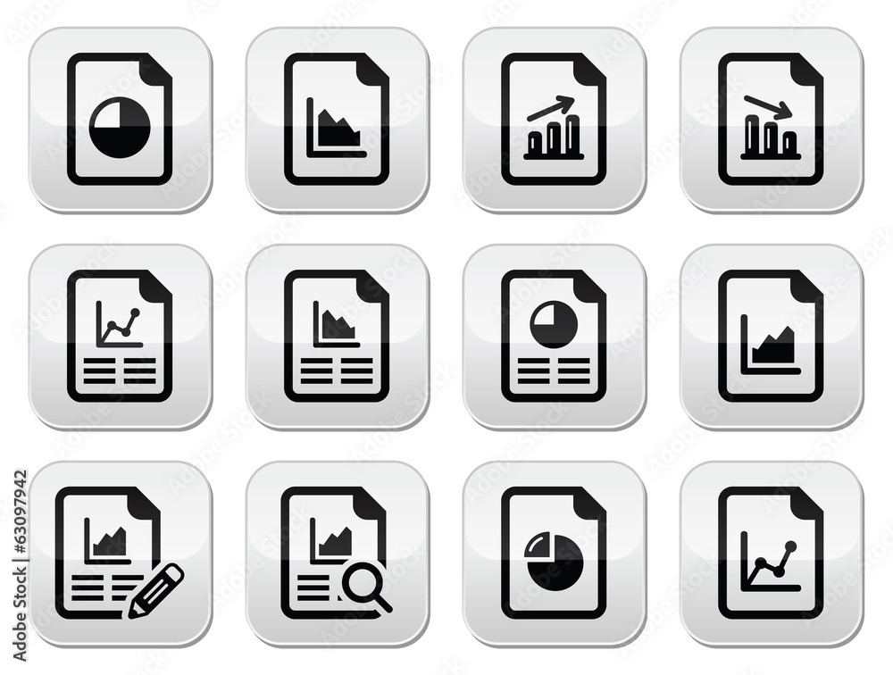 Document with pie chart, graph buttons set Document with pie chart, graph buttons set