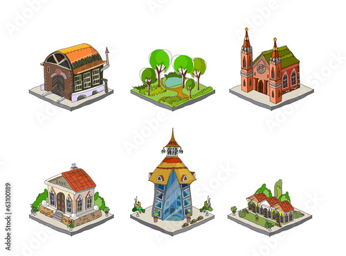 3D city icons hand drawing set collection