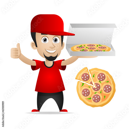 Man holds pizza and showing thumbs up