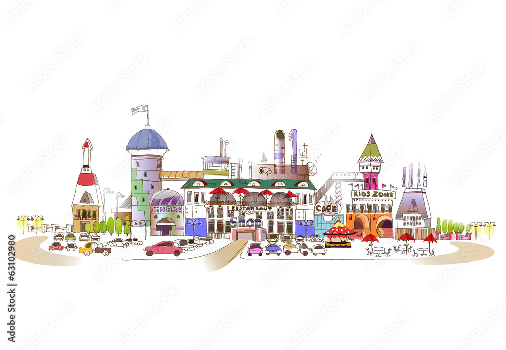 Shopping centre illustration with cafes, restaurants, cinema