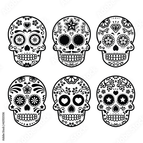 Mexican sugar skull, Dia de los Muertos icons set