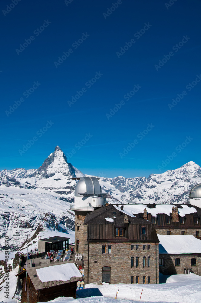 The Gornergrat Observatory and Matterhorn peak, Zermatt Switzerl