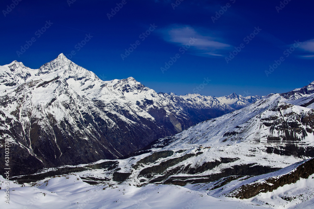 View form Matterhorn peak, logo of Toblerone chocolate, located View form Matterhorn peak, logo of Toblerone chocolate, located