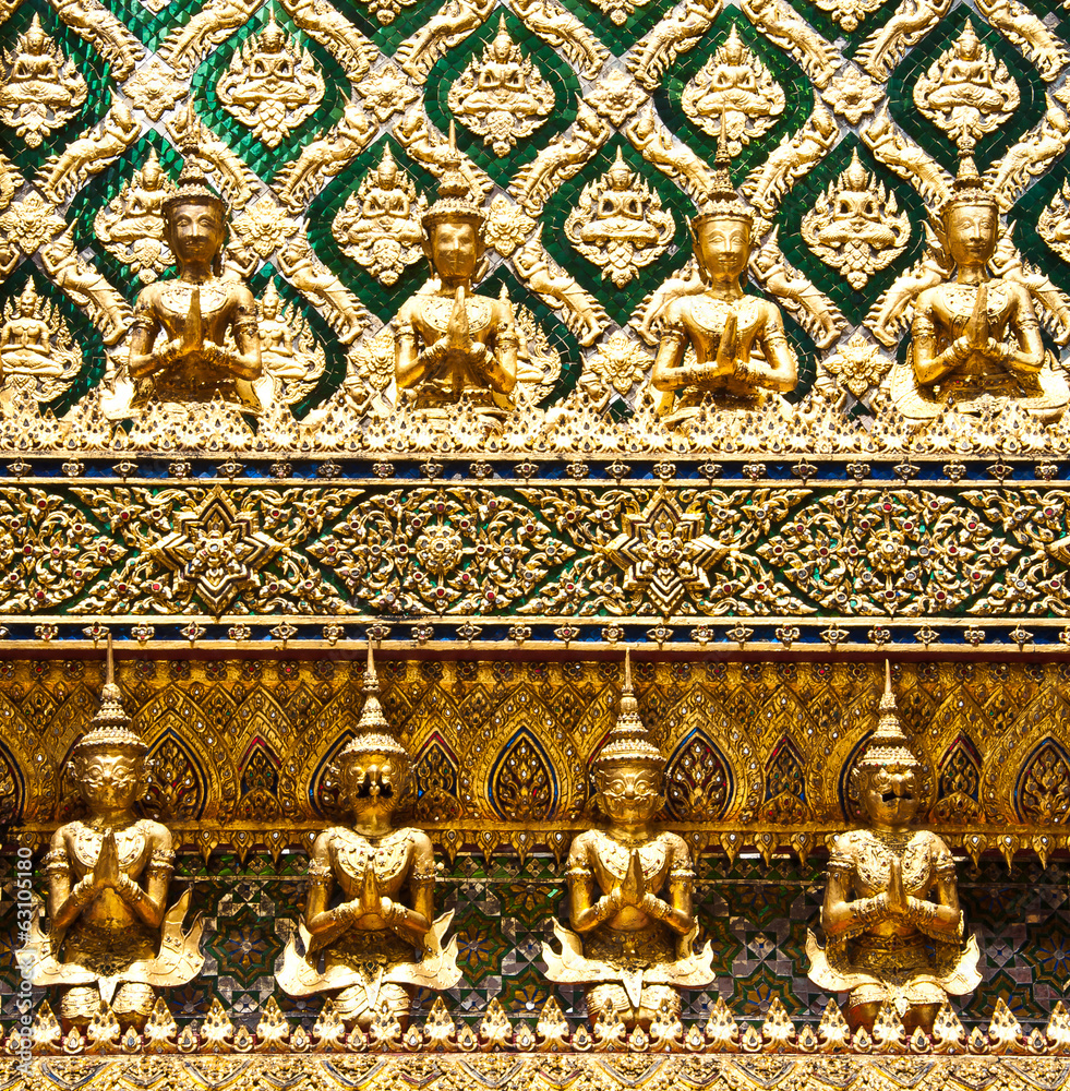 Ornamental wall in buddhist temple, Grand palace, Bangkok, Thail