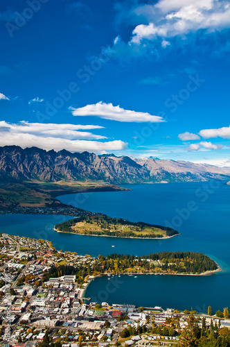 closeup of queenstown with lake Wakatipu from top at noon.