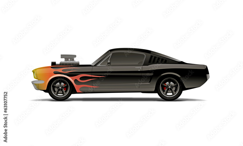 castomized muscle car with supercharger and flames