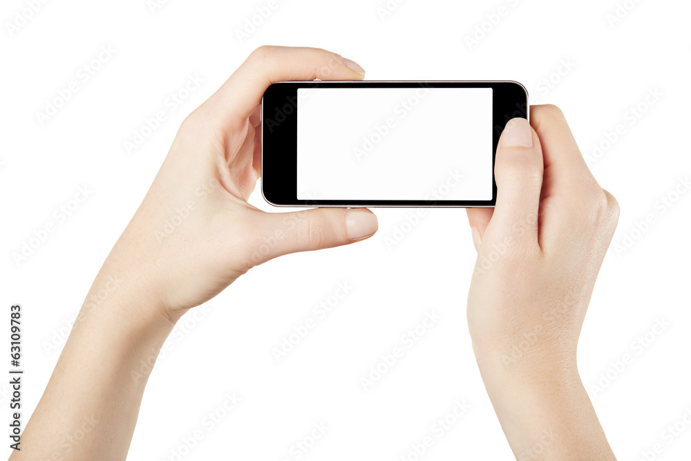 Female hands and smartphone on white, clipping path Female hands and smartphone on white, clipping path
