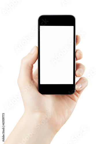 Woman hand holding smartphone isolated with clipping path
