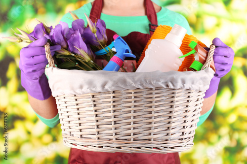 Fototapeta Naklejka Na Ścianę i Meble -  Housewife holding basket with cleaning equipment