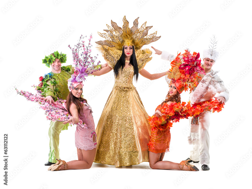 dancer team wearing carnival costumes dancing - obrazy, fototapety, plakaty 