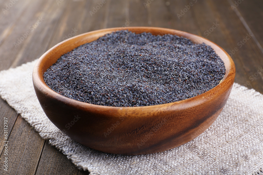 Poppy seeds in bowl on table close-up