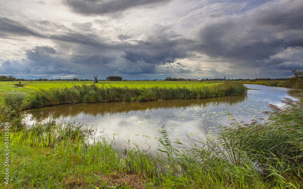 River with Dramatic Clouds In Friesland, Netherlands