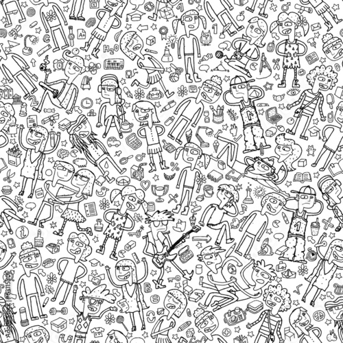 Singing children and school objects in black and white seamless