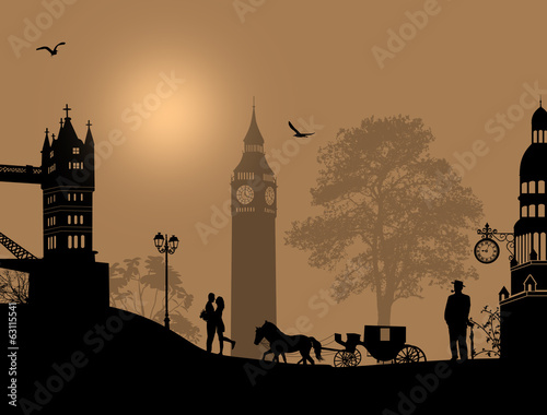 Carriage and lovers at night in London