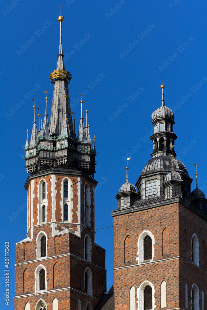 towers of St. Mary's Basilica  in cracow in poland