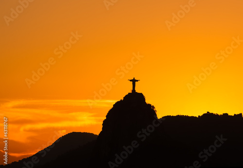 Sunset view of Christ the Redeemer in Rio de Janeiro. Brazil