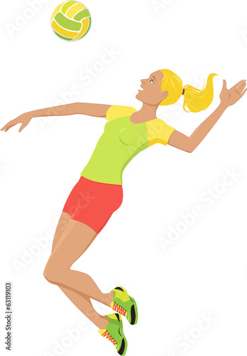 Young woman playing volleyball, isolated on white