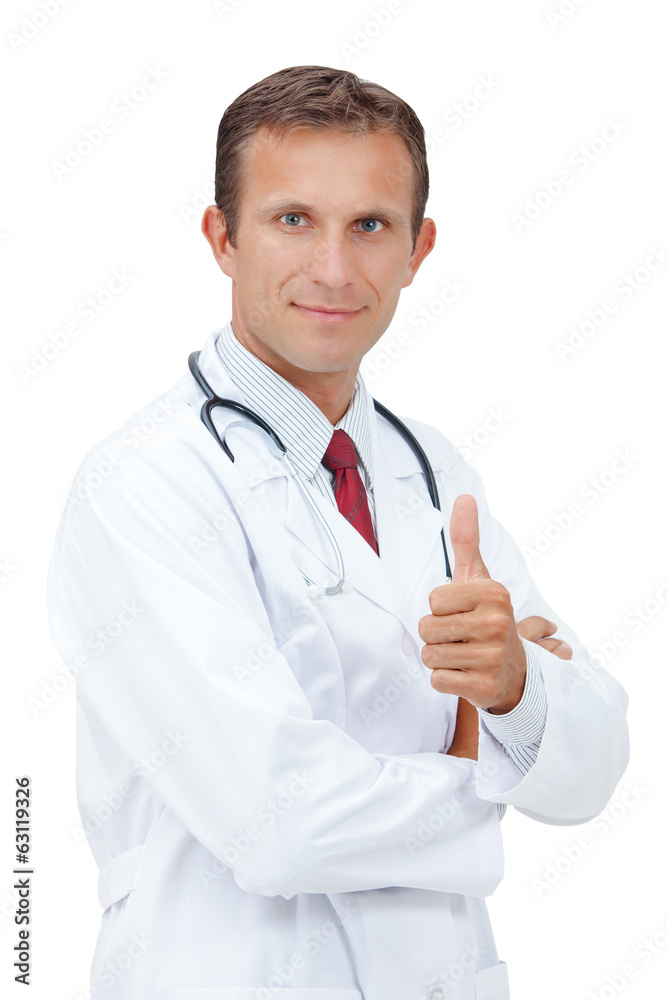 Smiling Medical doctor express happiness with thumb up. Smiling Medical doctor express happiness with thumb up.