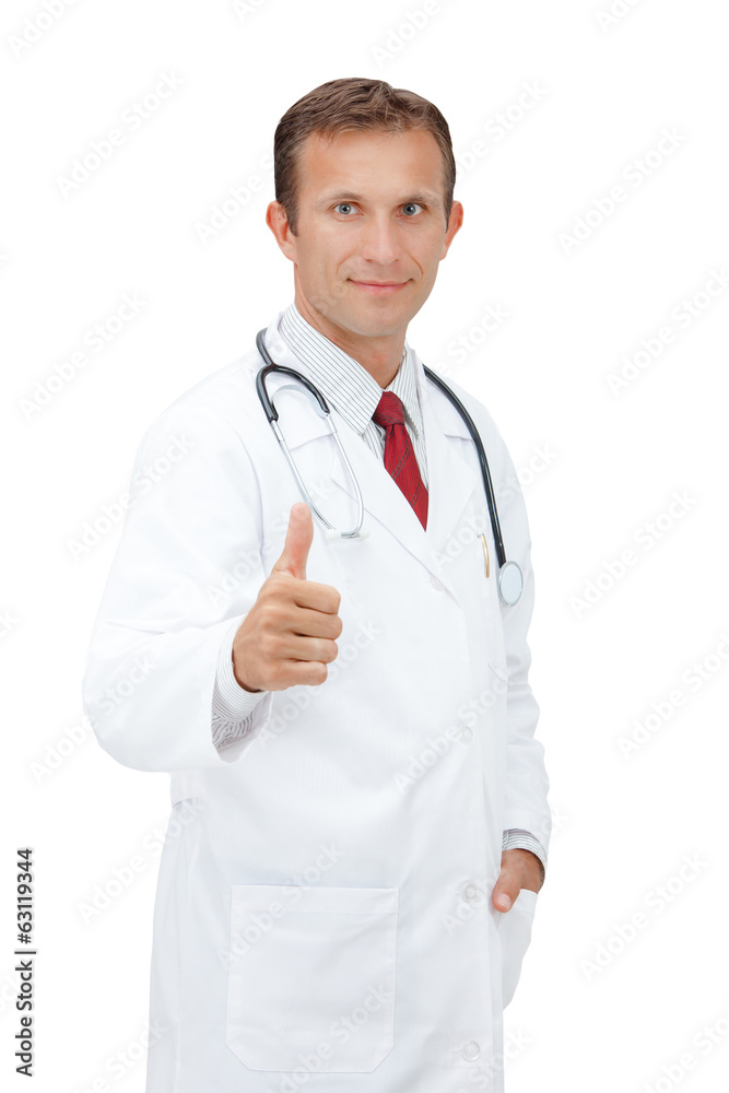 Smiling Medical doctor express happiness with thumb up. Smiling Medical doctor express happiness with thumb up.